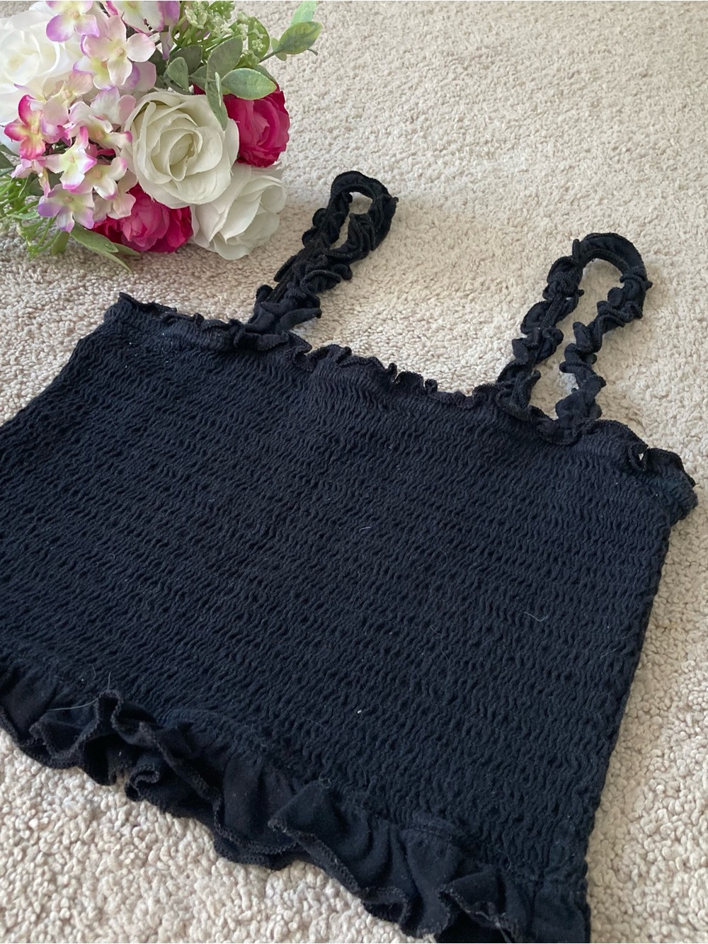 Bozzolo Black Smocked Ruffle Cami